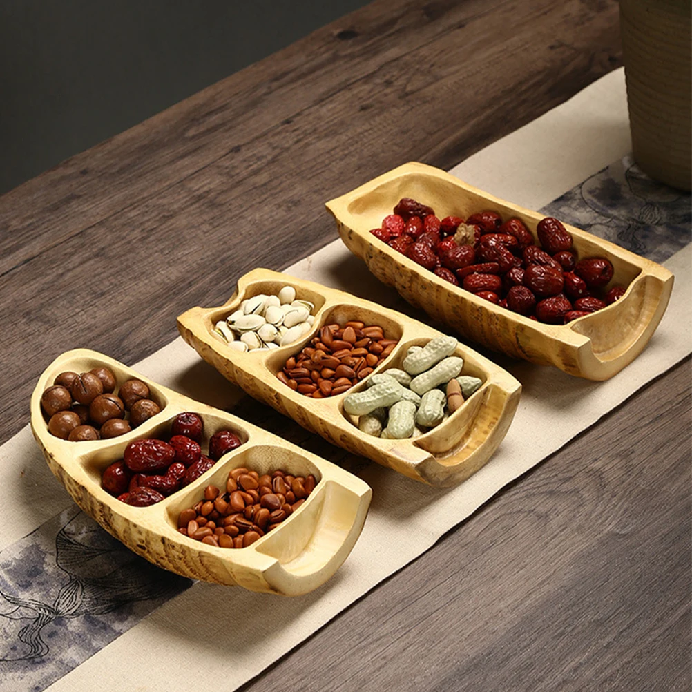 

Bamboo Root Dried Fruit Plate 3 Compartments Easy Clean Tray Snack Plates Platter Food Serving Dessert Bamboo Storage Kitchen