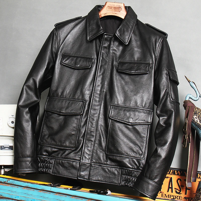 Urban Baron Genuine Leather Jacket Men's Slim Fit Workwear Style Motorcycle  Coat Multiple Pockets Fashionable Short Coat