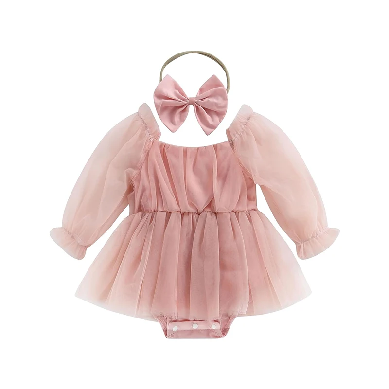 ma&baby Newborn Baby Girl Dress Toddler Baby Girl\'s Clothing Long Sleeve Tulle Jumpsuit + Bow Headband Outfits Party Set 0-24M