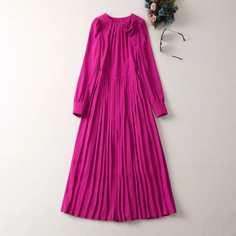 

European and American women's clothes 2023 spring new Long sleeve disc flower purple Round neck fashion Pleated Dress XXL