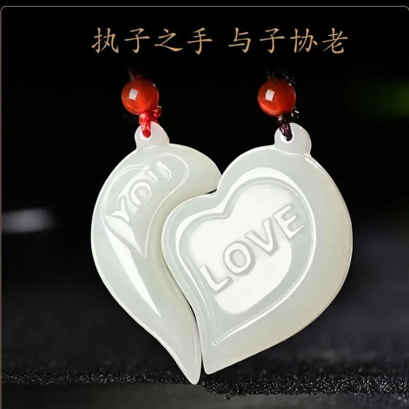

Natural White Hand Carved Love Jade Pendant Fashion Boutique Jewelry Lovers 520 Heart To Heart Necklace Gift