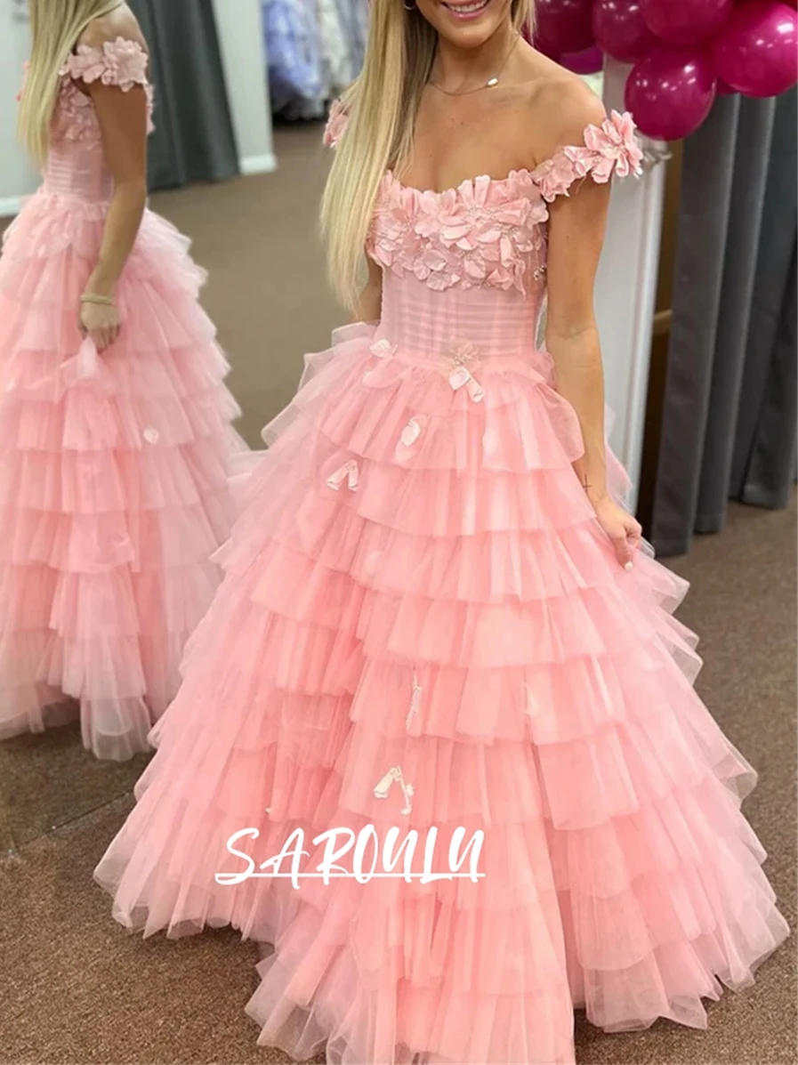 Sweet Puffy Tulle Evening Dress Cap Sleeves 3D Floral Appliqies Long Prom Dresses for Women Party Gown Formal Occasion Outfit