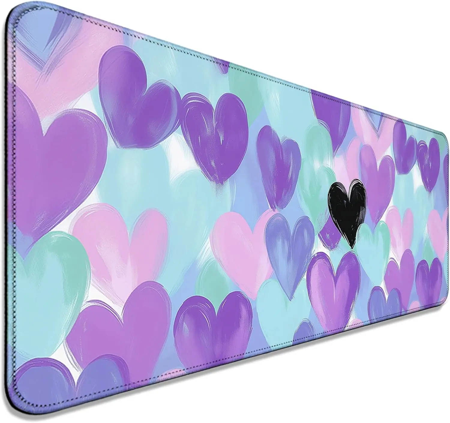 Cute Art Heart Desk Mouse Pad, Colorful Brush‑Stroke Pastel Hearts Pattern, Large Keyboard Mat For Gaming Working Desktop Decor