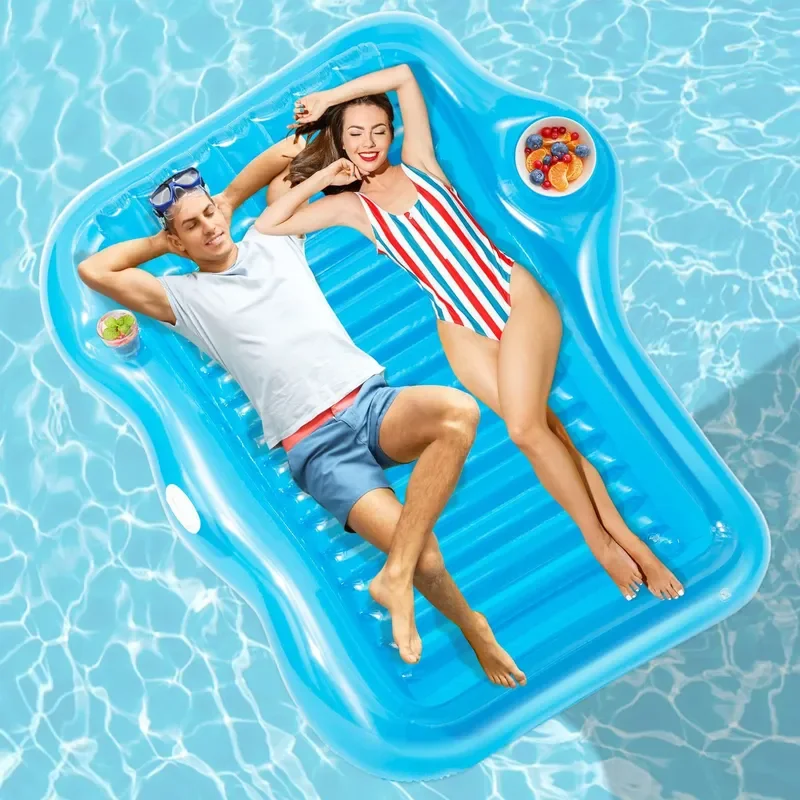 Inflatable Double Floating Bed for Pool Adult Lounge Chair with Cup Holder Black Water Hammock Outdoor Swimming Raft