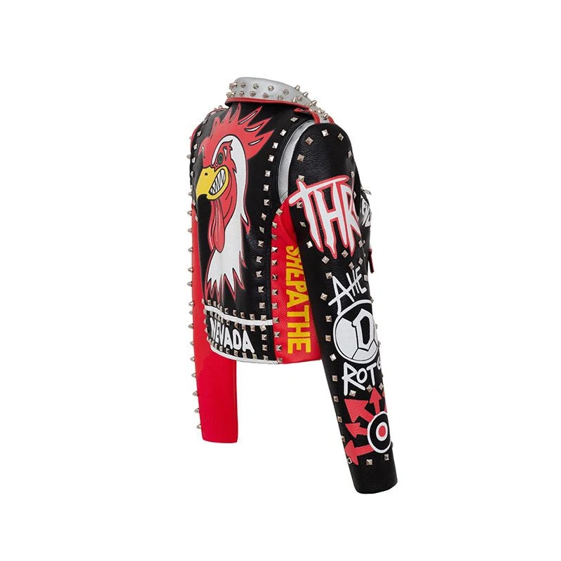 Women Fashion Pu Leather Coats Graffiti print Rivet Clash Color Motorcycle Leather Jacket Punk Rock DJ Cropped Top Motor Jackets