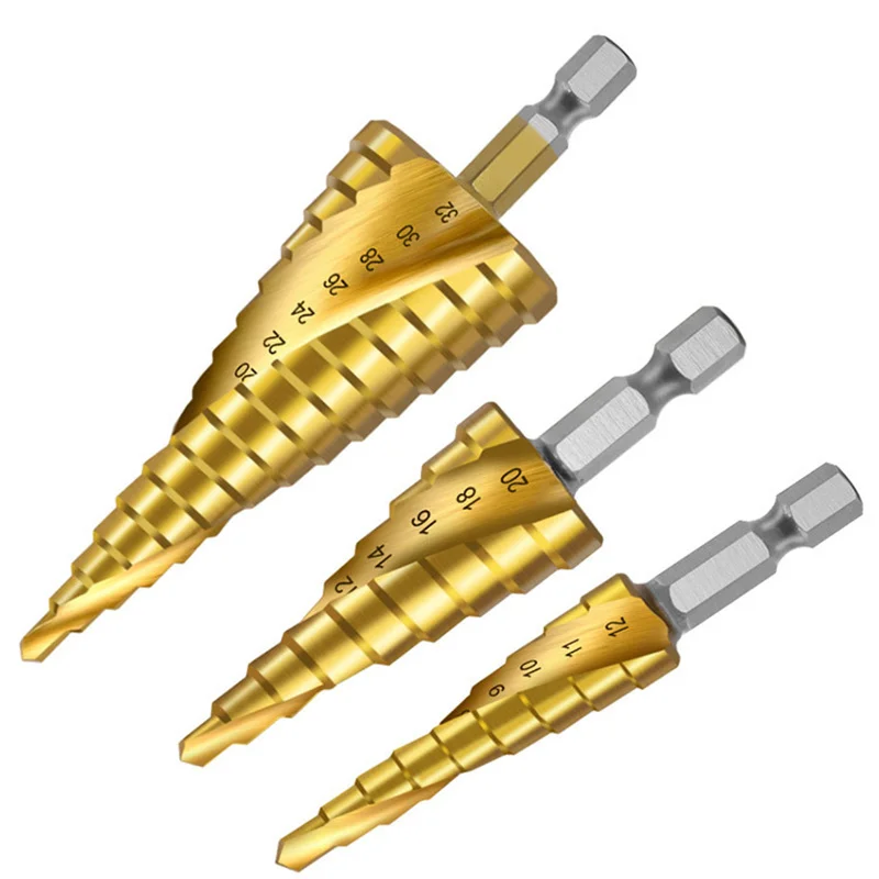 Broca escalonada de ranura en espiral de acero de alta velocidad broca Hexagonal cono Centro de escariado Pagoda cortador de agujeros madera Metal