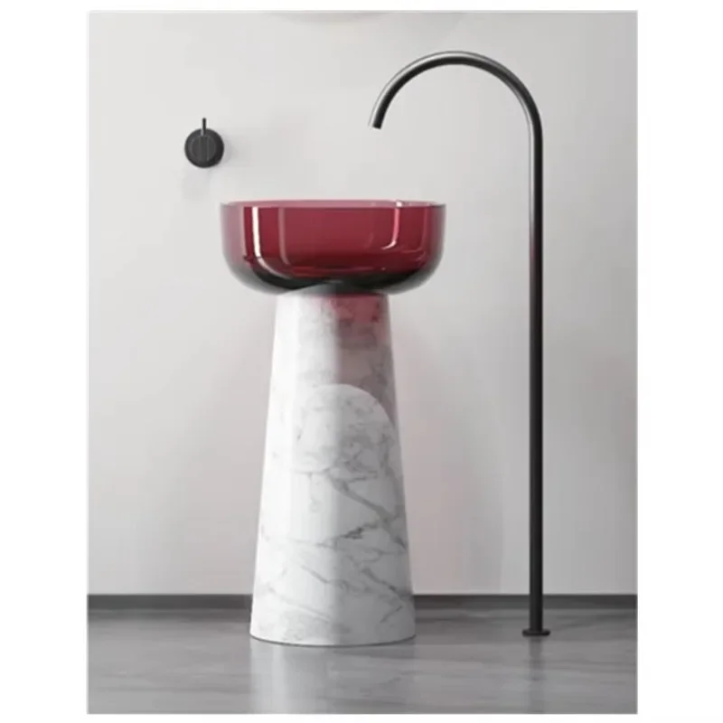 Modern red transparent wash basin transparent resin basin round standing bathroom sink with marble base