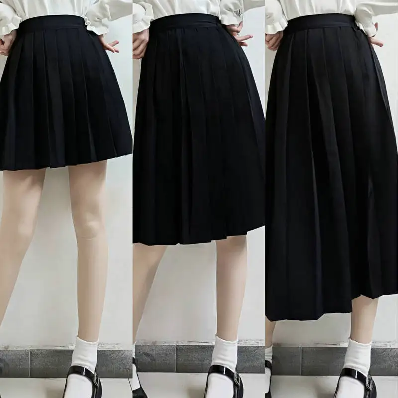 2023 Elastic Waist Japanese Student Girls School Uniform Solid Color Suit Pleated Skirt Short/Middle/Long High School Dress