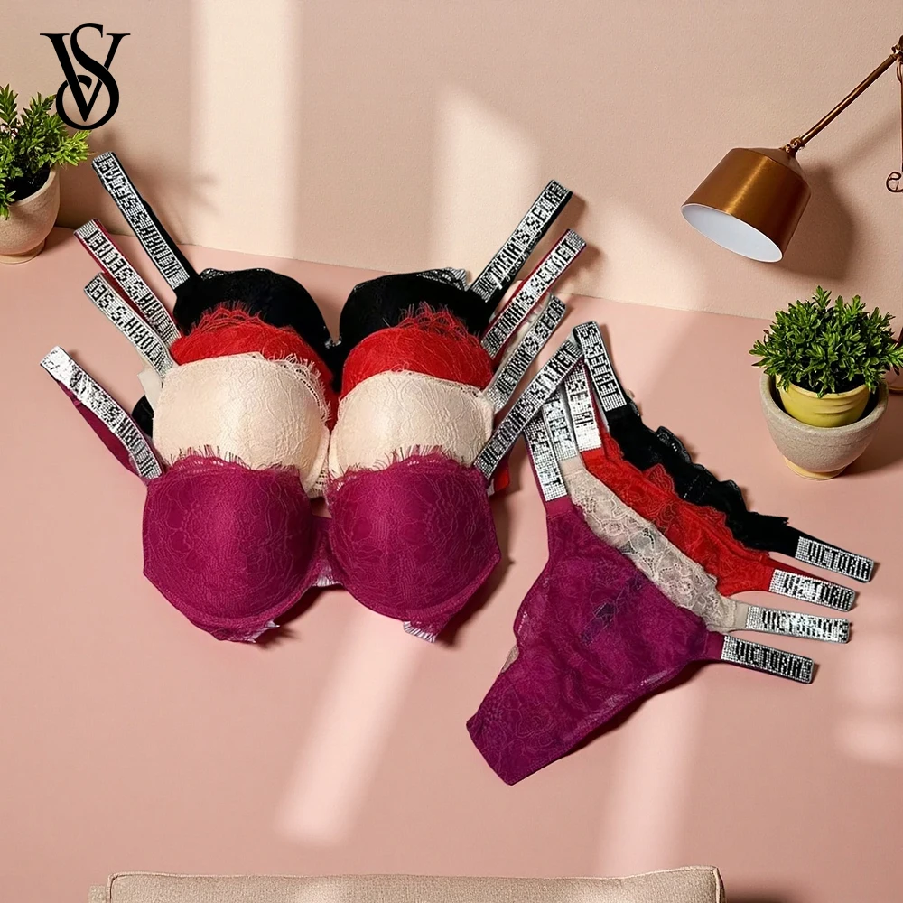 Neues Victoria's Secret Damen Sexy BH- und Slip-Set, bequeme Push-Up-Shapewear, verstellbar gepolstertes, gerafftes Spitzen-Lingerie-Set