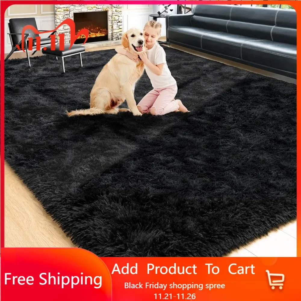 Extra Large 9x12 Area Rugs for Living Room,Fluffy Black Rug,Big Thick Plush Non-Skid Shag Carpet,Soft Shaggy Rugs