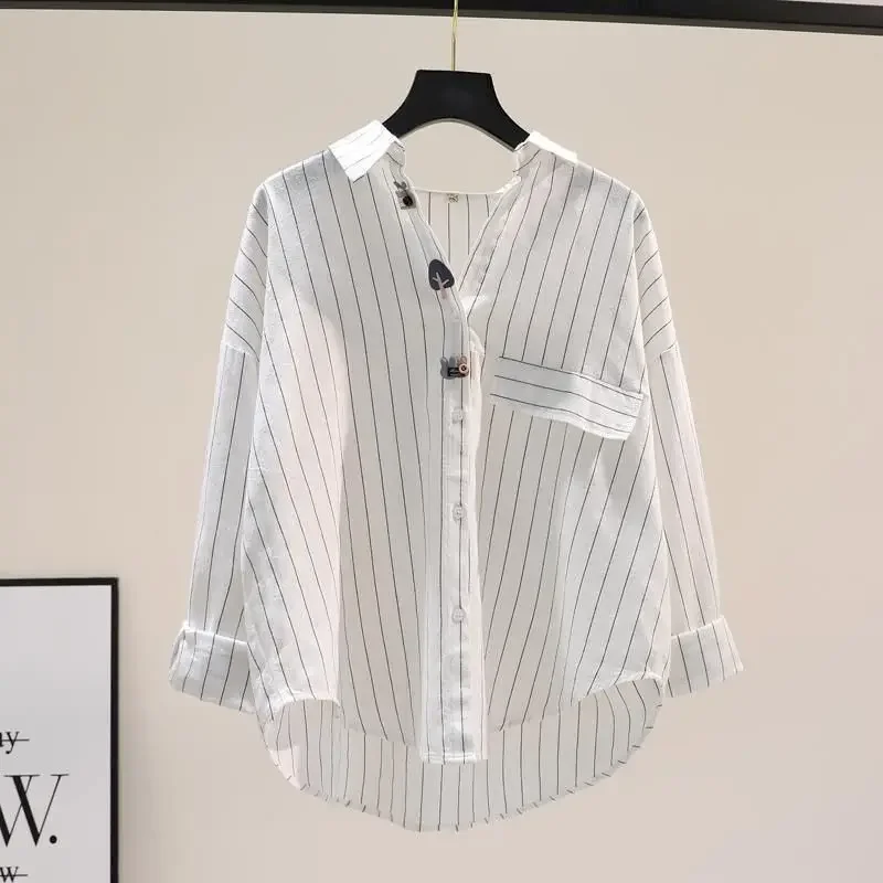 

100% Cotton Shirts Women Vertical Stripe Long Sleeve Shirt Casual Loose Korean Fashion Blouses Spring Summer Trend Thin Shirts