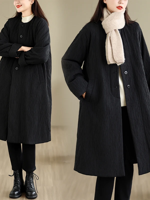 Black Textured Mid-Length Thickened Cotton Coat Women's Stylish Not Puffy Autumn Winter Fashion Commute Style Long Sleeve