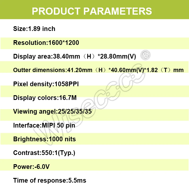 Wisecoco High Brightness 1.89 Inch 1600*1200 MIPI 50Pins Interface 1000Nits Lcd Mini Screen for Beauty Equipment view 5