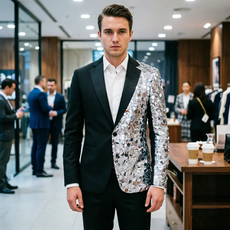 

Men's Luxury Blazer with Silver Sequin Half-Jacket - One Button Suit for Stage Performance, Singer, Host, Party, Nightclub, Prom