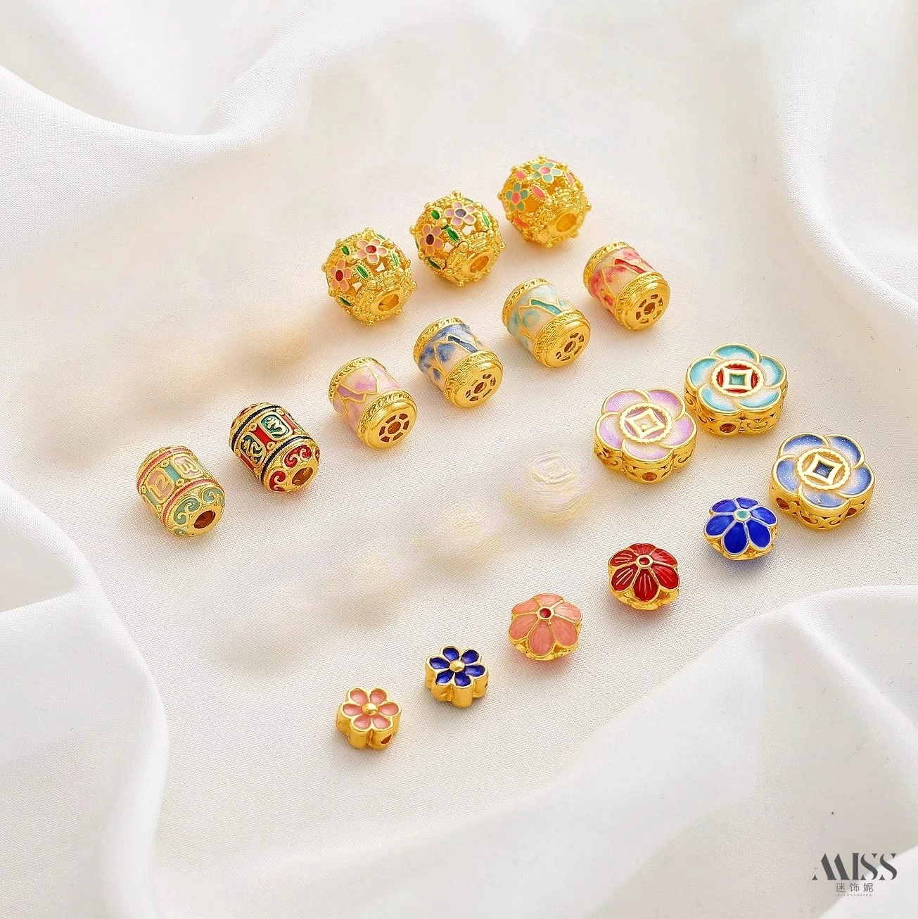 18K Gold Plated Cloisonne Enamel, Thousand Miles Landscape, Six Words Mantra, Daisy Spacer Beads, DIY Jewelry Accessories