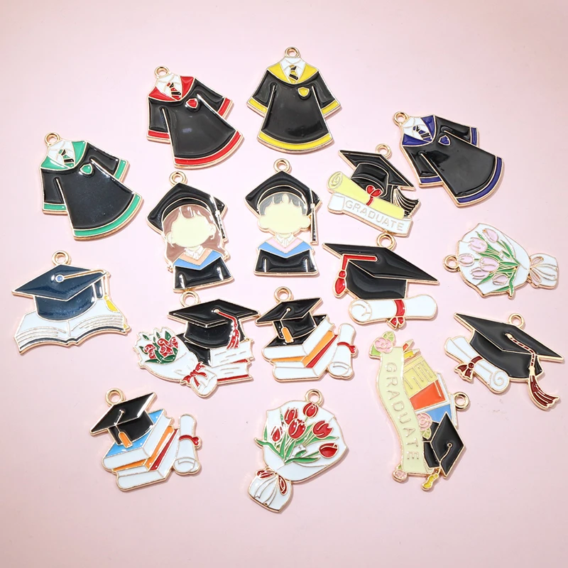 10Pcs Enamel Graduation Flower Hat Charms Pendant for Necklaces Earrings DIY Jewelry Making Decorations Accessories Findings image 6
