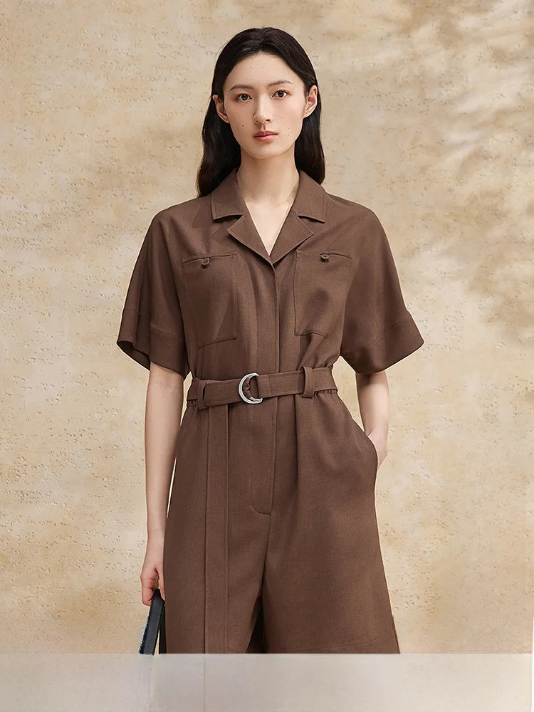 

Busin Casual One-Piece Suit with Lapel Waist-Cinching Commute Women's Sle ort Pants Polyester Fiber Midi Length