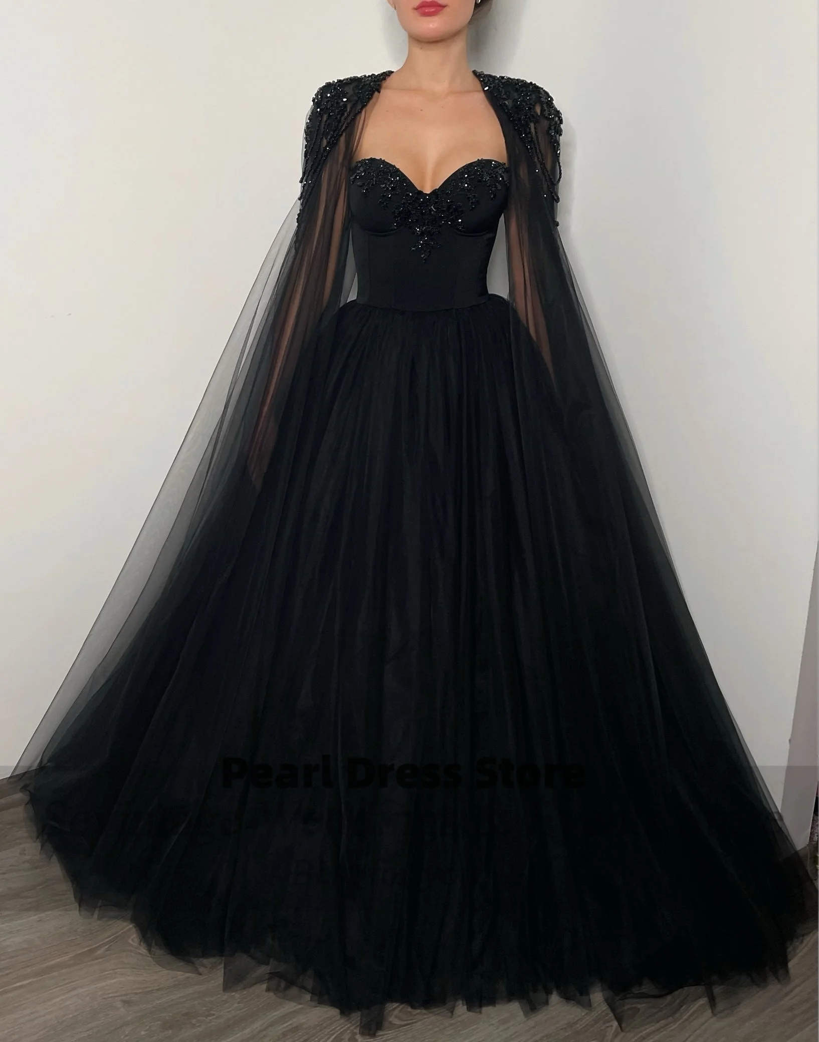 Dubai Black A-line Tulle Two Piece Prom Dress Set with Beaded Removable Cloak Evening Dress Lace Up Formal Party Dress