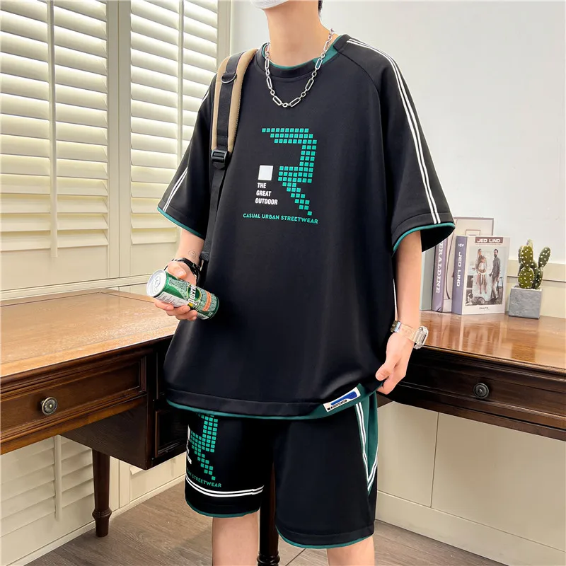 

Casual 2024 Summer Two Piece Men's Sets Clothes Short Sleeve T-Shirt&Shorts Tracksuit Sport Streetwear Top Tees+Knee-Length Pant