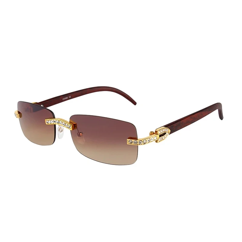 KENBO Vintage Rimless Rectangle Sunglasses for Women Men Luxury Glasses Fashion Crystal Wood Eyewear Shades UV400