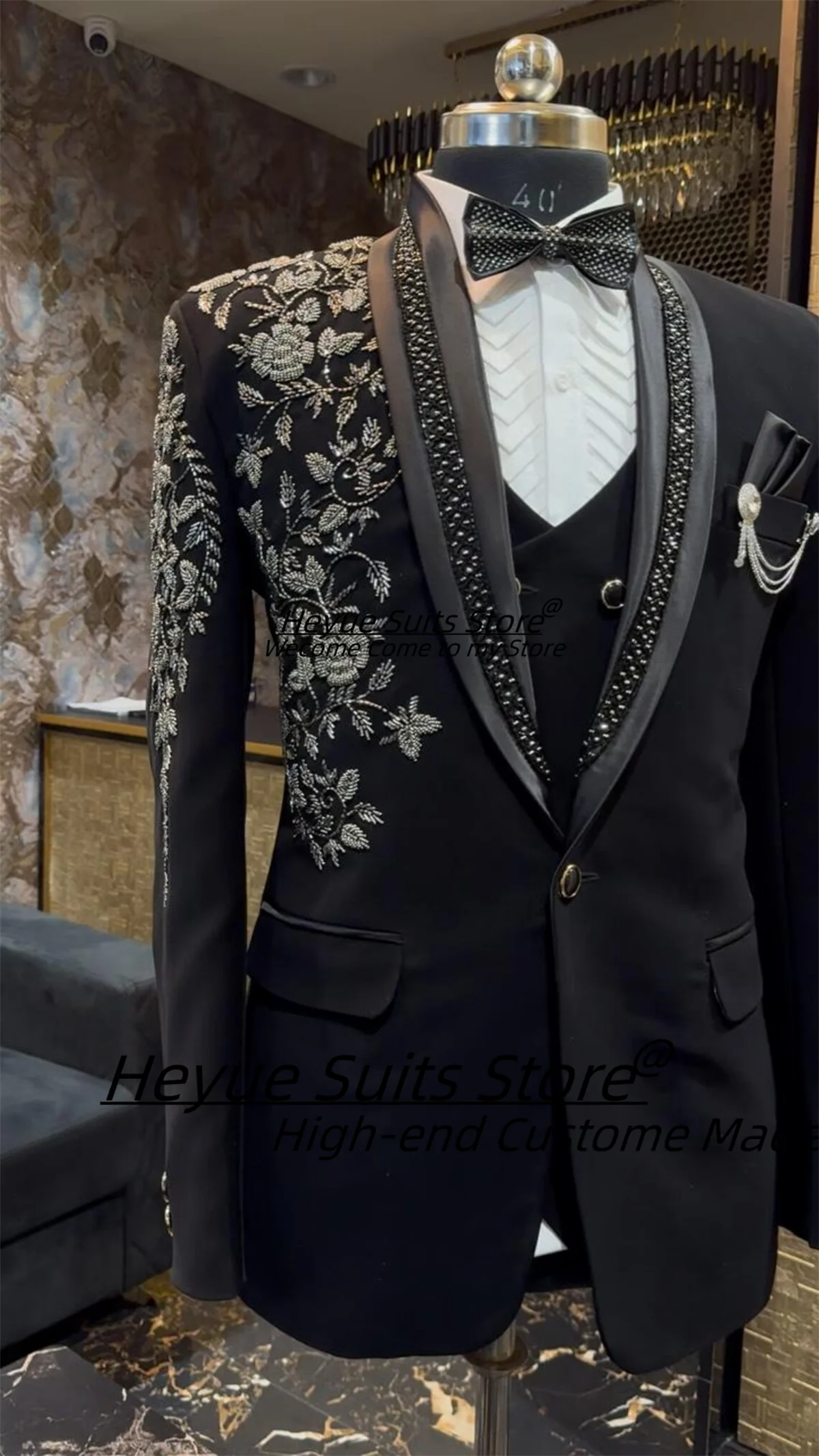

Роскошные блестящие черные вышитые свадебные смокинги для жениха по индивидуальному заказу, облегающие мужские костюмы с шалью и лацканами, мужские пиджаки для выпускного вечера, Ropa Hombre