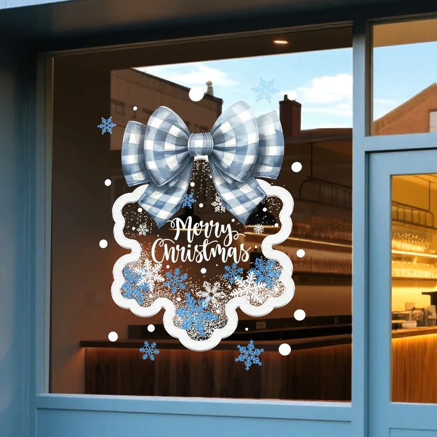 1 piece of 45×60cm blue checkered bow Christmas electrostatic window sticker, with snowflake and Merry Christmas patterns, adhesive-free and reusable glass sticker, suitable for home and shop window decoration