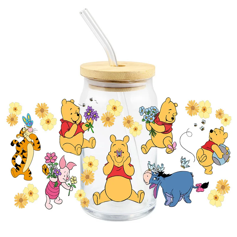 Pooh Bear UV DTF Transfer Crystal Clear Sticker Waterproof Non-marking Cute Cartoon Decorative Sticker for Thermal Cups and Mugs