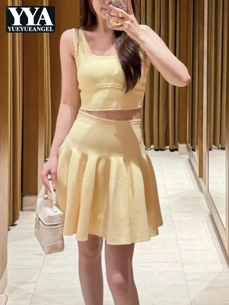 

Women Summer Sweet Knitted Sleeveless Cropped top High Waist A Line Skirt Matching Sets Solid Color Casual Fashion Two Piece Set