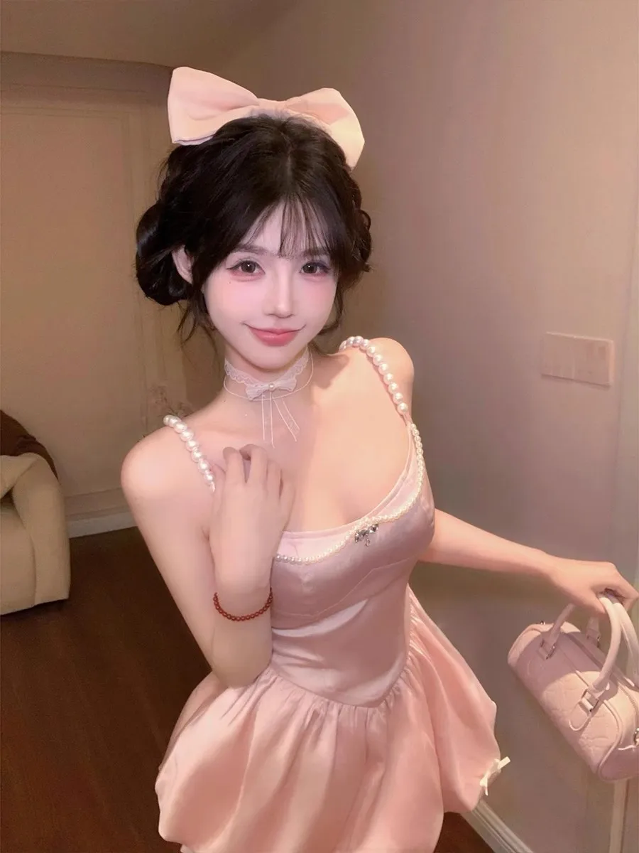 

KENI plus Size Pearl Chain Princess Dress Women's Summer Waist Cinched Fluffy Commuter Style High Waist A-Line Short Skirt