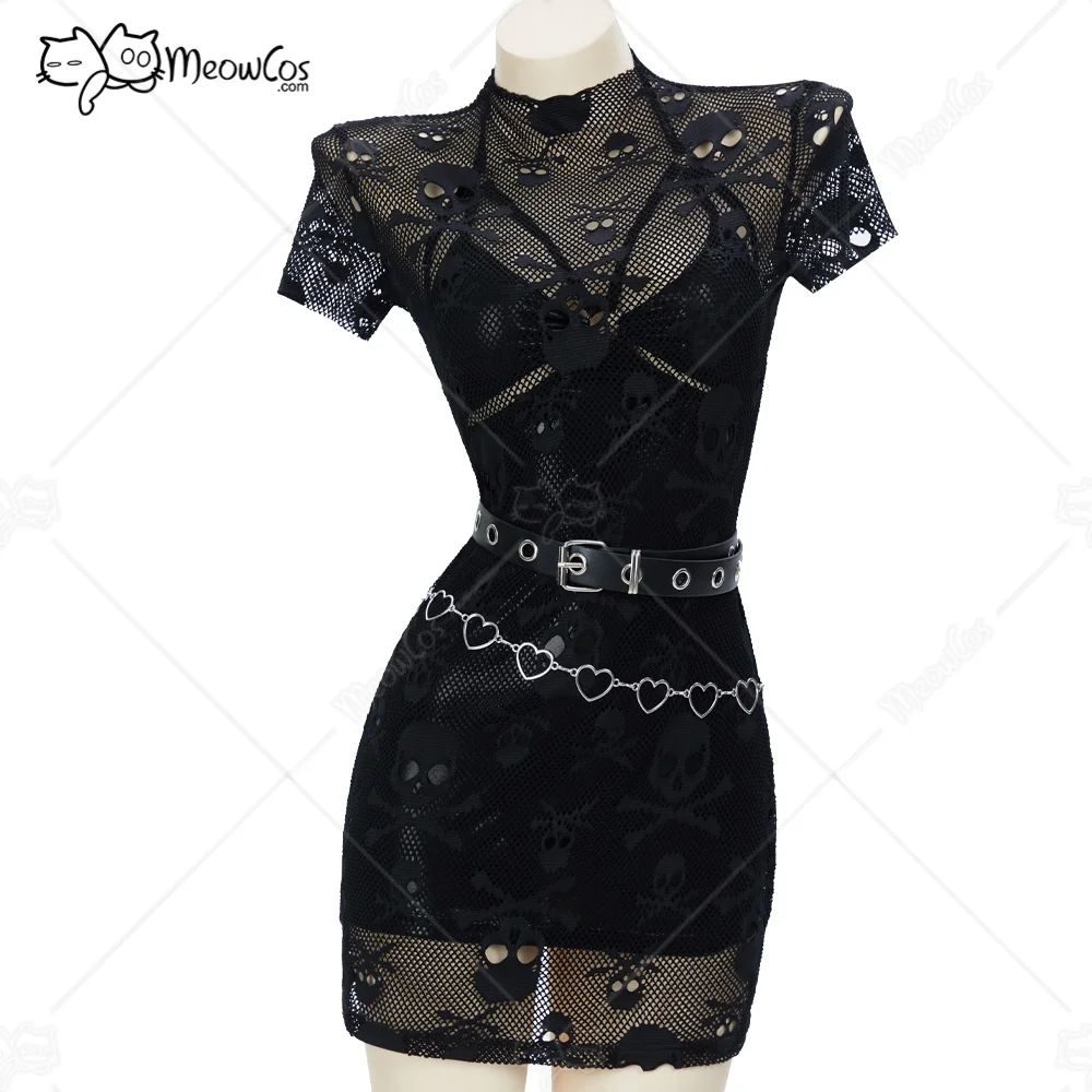 

USA Stock- MEOWCOS Women Night Hunter Gothic Punk Dress Set Black Halter Backless Dress and Lace Mesh Dress with Belt