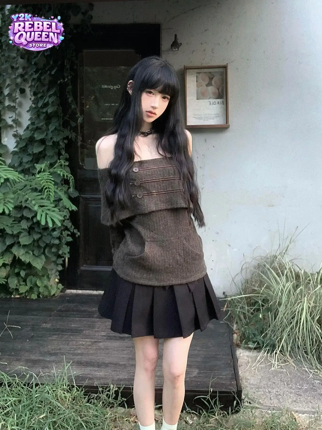 Vintage Retro Sexy Off Shoulder Washed Brown Knit Top Women Collared Button Pocket Loose Fit Casual Street Style Daily Outfit