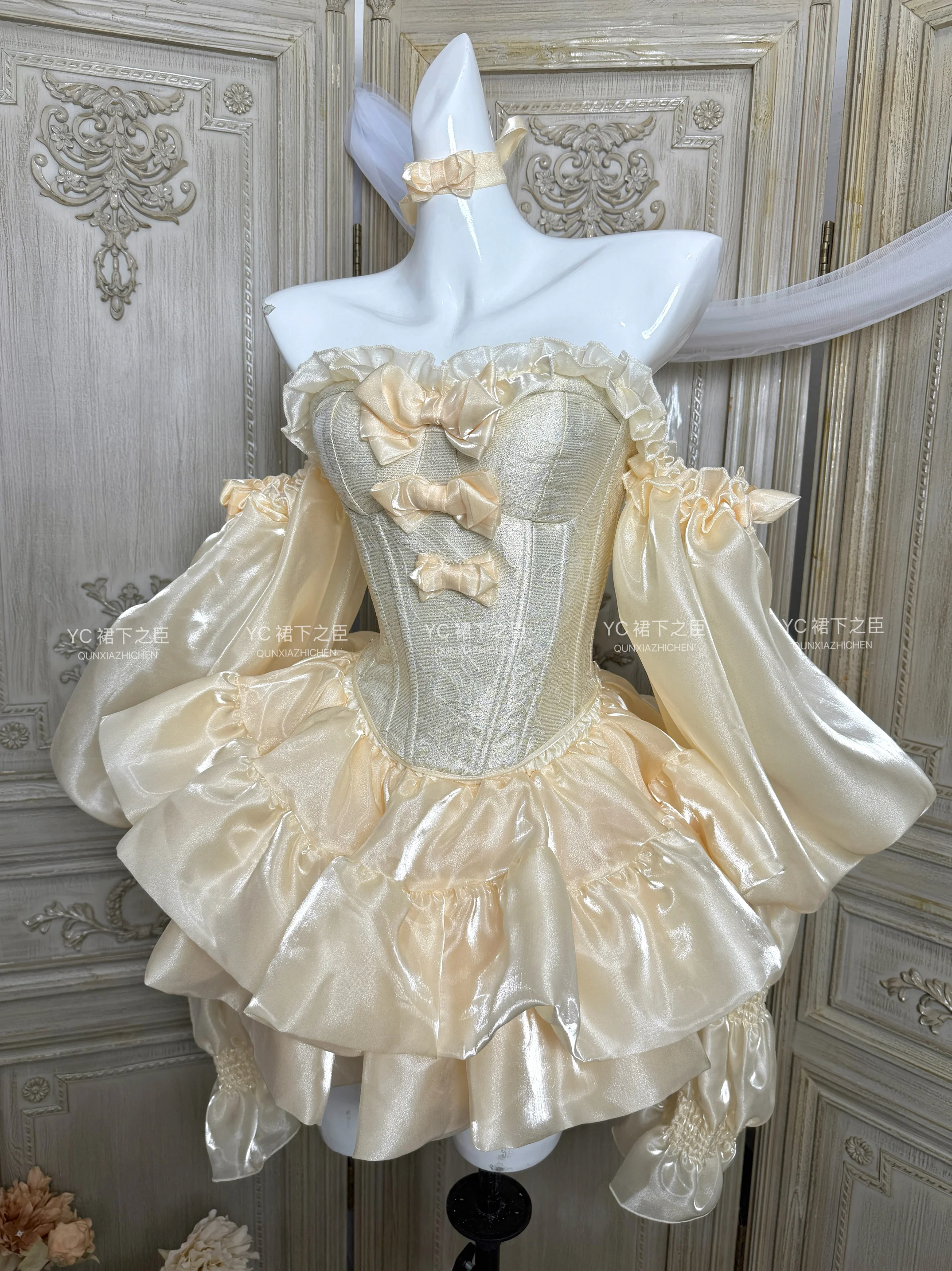 Abito da banchetto per cerimonia di compleanno di arrivo, gonna da principessa gonfia, top + gonna pantaloni + fiocco grande coda