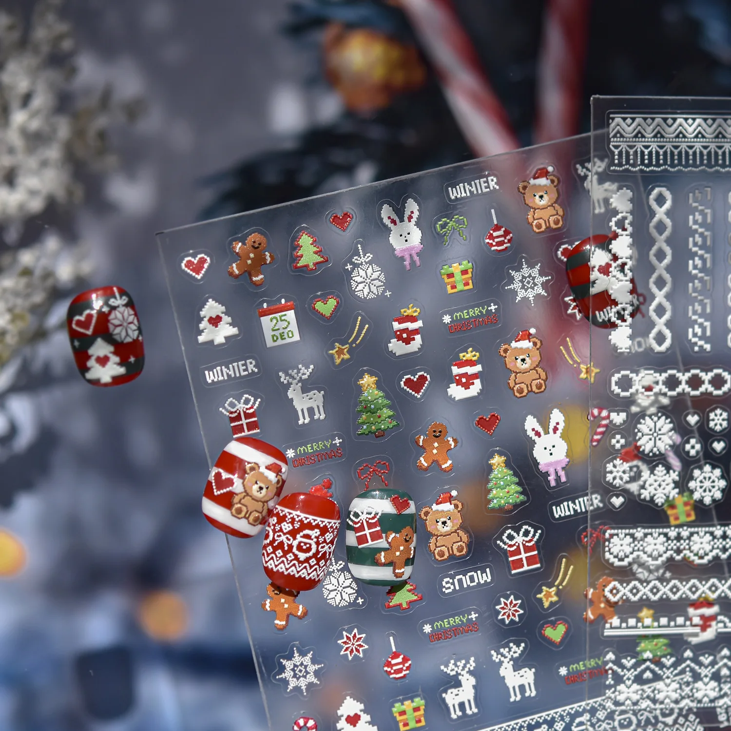 Nail Art Stickers Embossed Winter Christmas Pixel Sweater Pattern Self Adhesive Film Decals Manicure Colorful Lightweight