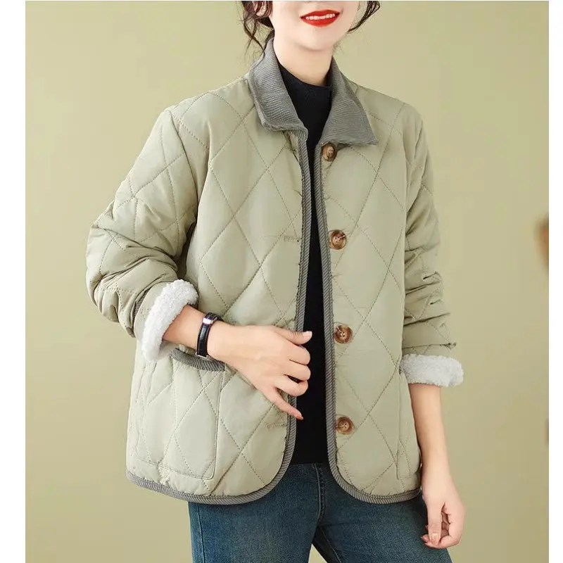 2023 Autumn Winter Women's Fleece Jackets Design Corduroy Collar Short Casual Korean Coat Retro Checkered Mujer Chauqeta Z3110