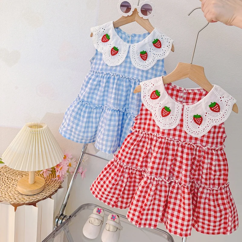 Baby Mädchen Kleid Sommer Plaid Erdbeere Ärmelloses Mädchen Kleid Nette Baumwolle Revers Mädchen Prinzessin Kleid Baby Kleidung Mädchen