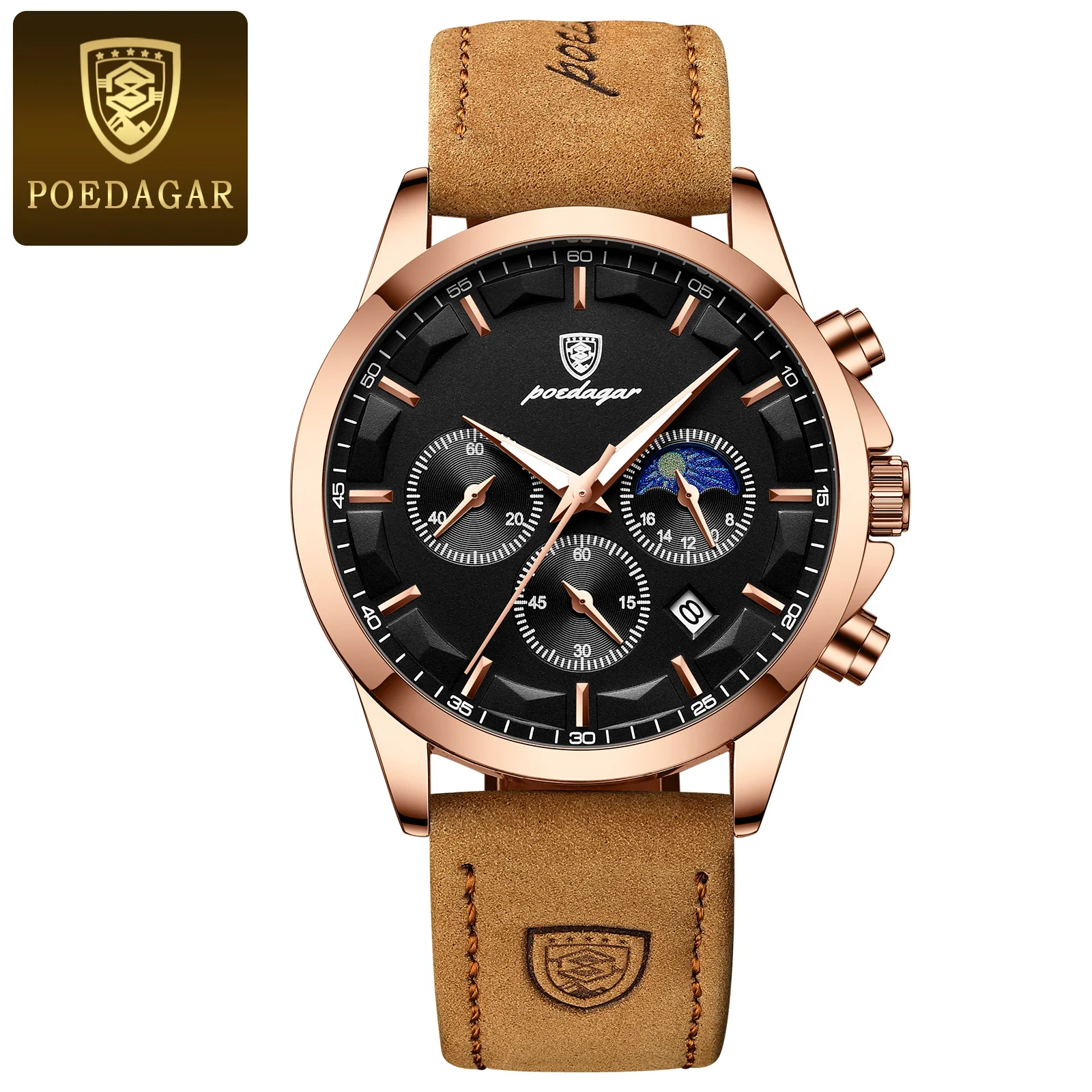 POEDAGAR Sport Luxus Männer Quarzuhr Wasserdicht Chronograph Leucht Datum Mann Armbanduhr Business Leder herren Uhren Uhr 6