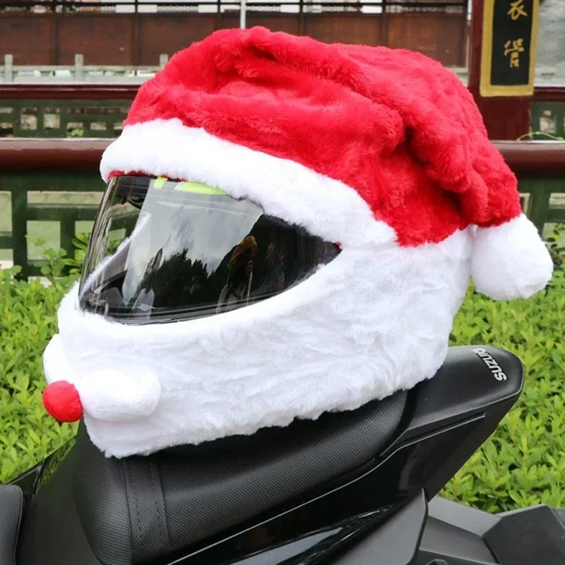 Plush Santa Helmet Cover - Xmas Hat for Motorcycle Helmet New Year Cosplay Party Supplies Festive Holiday Accessories