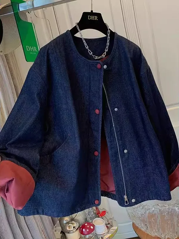 

Джинсовая куртка-пальто в американском ретро-стиле, размер 300 Pou, весна-осень, свободный крой, большая версия, с круглым вырезом, топ