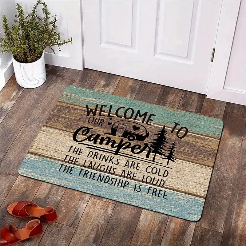 Rustic Camper Quote Style Multi Tone Wood Plank Camping Trailer Pine Tree Text Print Non Slip Cabin Entryway Doormat