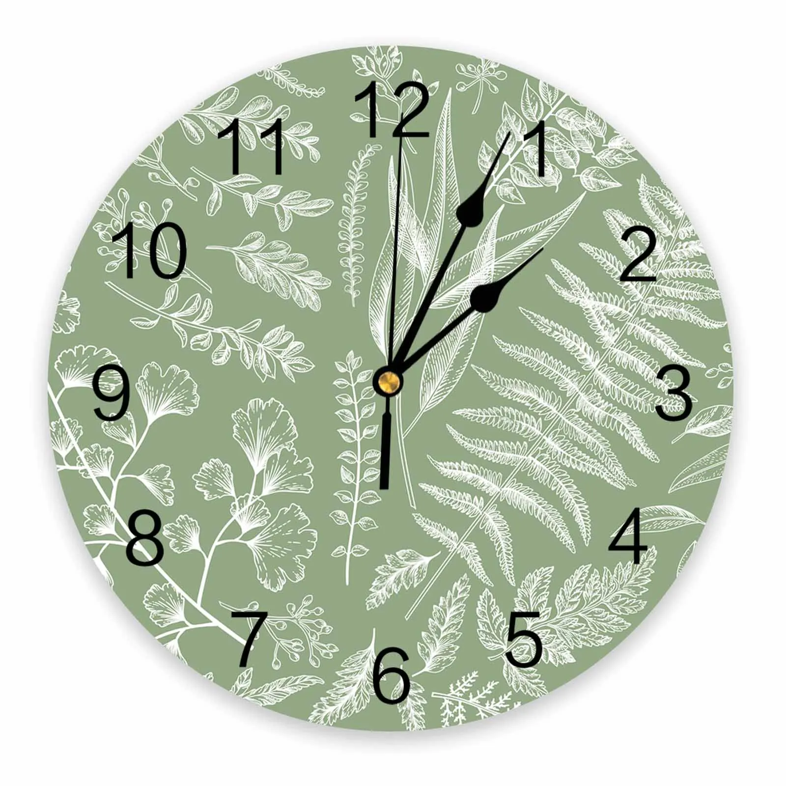 Sage Green Fern Leaves Wall Clock Large Modern Kitchen Dinning Round Wall Clocks Bedroom Silent Hanging Watch