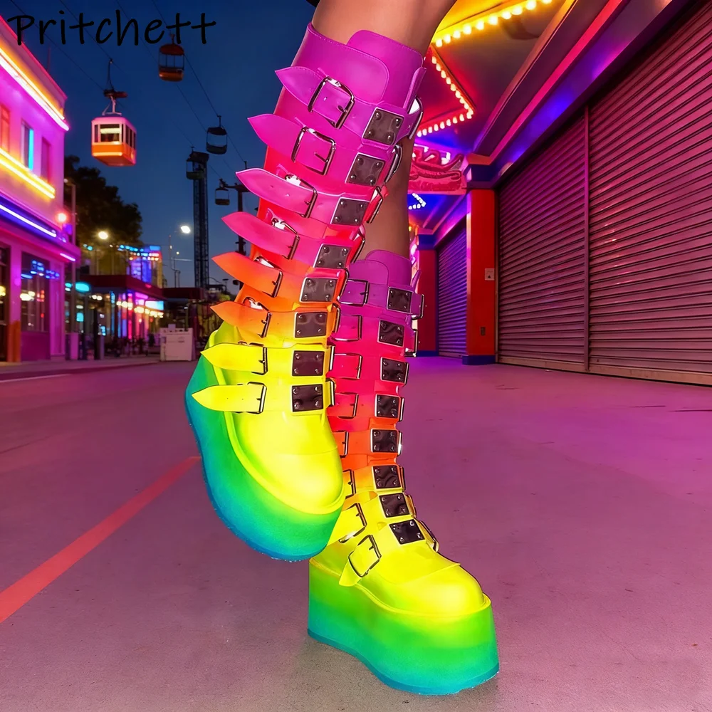 Rainbow Thick Soled Boots Short Back Zipper Platform Round Toe Canvas Metal Buckle Shoes Women's Buckle Belts Warm Winter Shoes