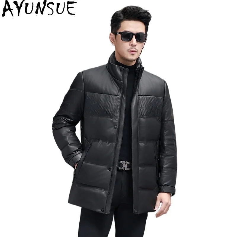 

AYUNSUE Real Sheepskin Leather Down Jacket Men 2025 Winter Mid-length Genuine Leather Jackets Man Warm Puffer Coats Stand Collar