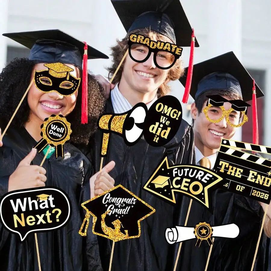 

30pcs Graduation Photo Props Set Black Gold Studio Decor With Stick Props For High School College Party
