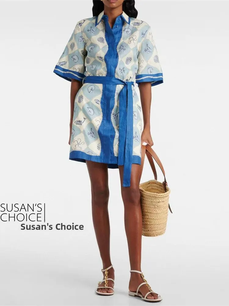 

Susan Lin Blue White Ocean Print Linen ort Sve irt Dr Casual Sle Women's Summer Faion Breathable ort Dr