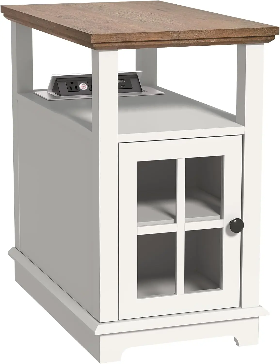 Mesa auxiliar estrecha blanca con estación de carga, puertos USB y tipo C, estante ajustable para sala de estar o dormitorio