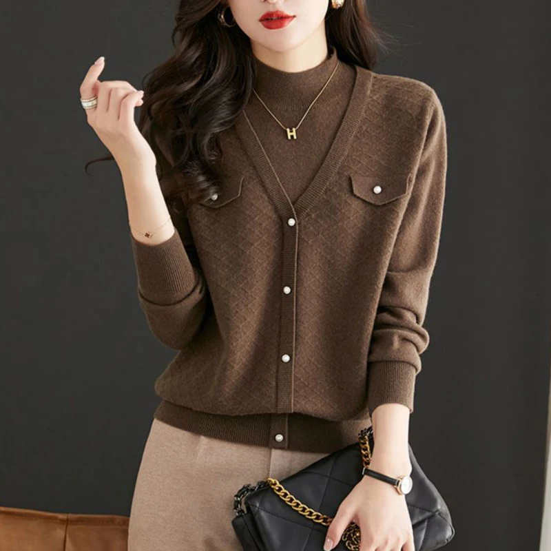 Women Korean Fashion Half High Collar Patchwork Elegant Knitted Sweater Retro Chic Soft Knitwear Solid Long Sleeve Pullover Tops