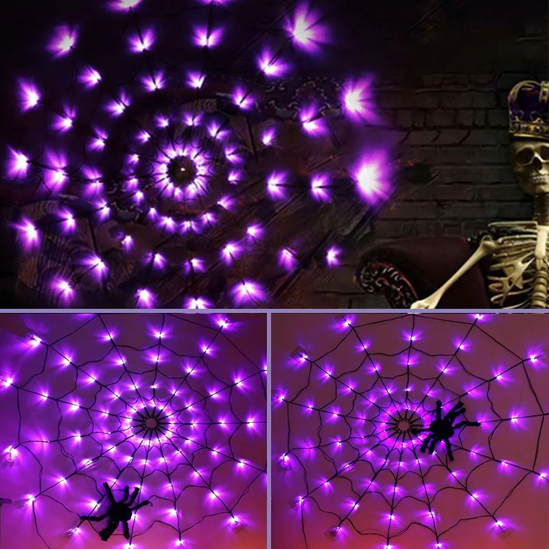 Glowing Spider Web Lights Halloween Decoration 2024 Purple String Light Horrible Atmosphere Decor Waterproof Battery Powered