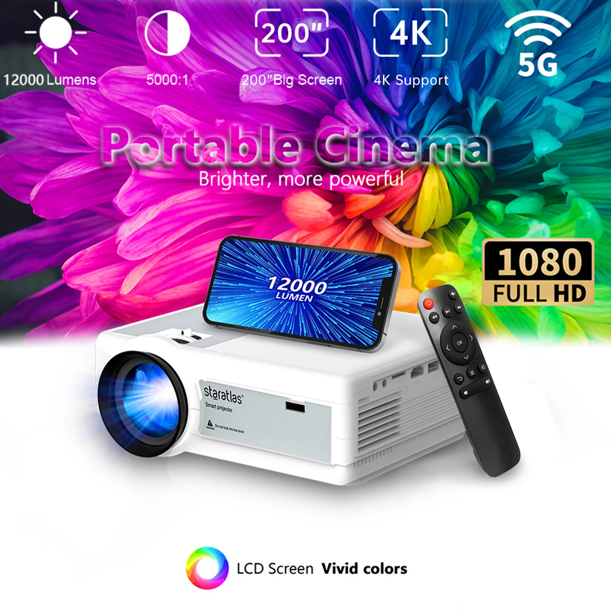 

4K Projector with WiFi Portable Native 1080P Projector 300" Display Outdoor Movie Projectors for Home Cinema Mini Projector