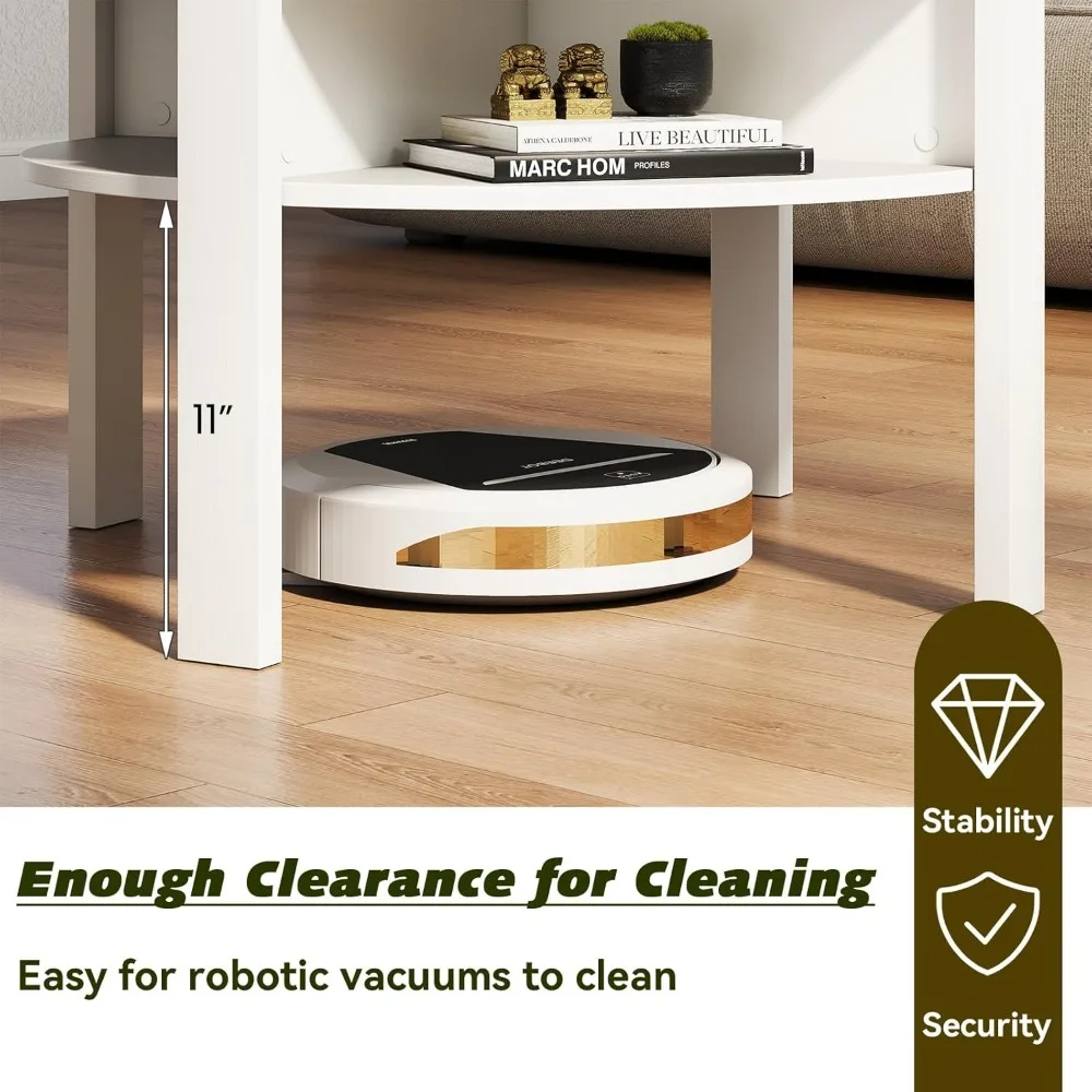 Round 2-Tier Mid Century Modern Coffee Table with Storage Shelves and Side Compartments, Wooden Center, Cocktail Table Design