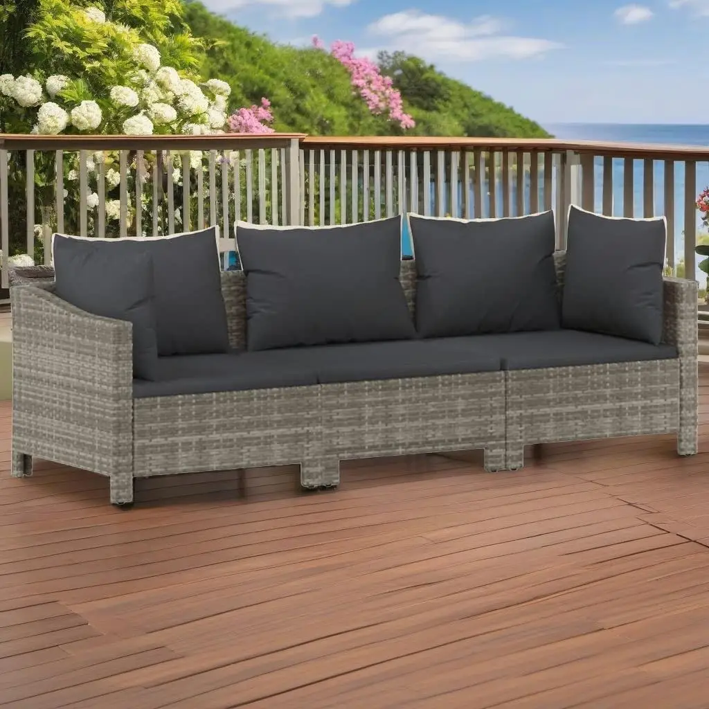 

3-Piece Gray Poly Rattan Patio Lounge Set with Cushions for Outdoor Relaxation
